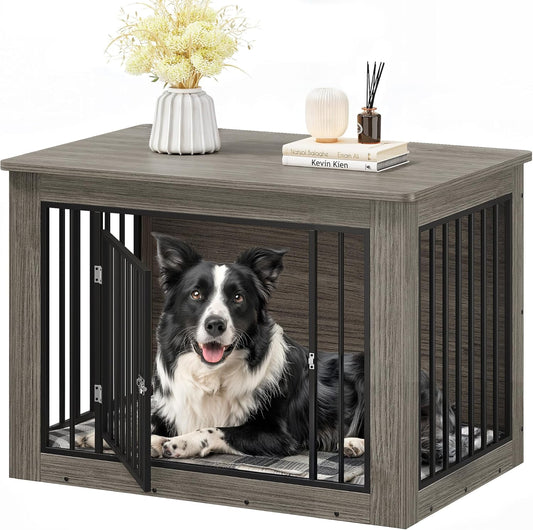 YITAHOME Dog Crate Furniture for Large Dogs, Side End Table, Modern Dogs Kennel Indoor up to 60 lb, 2-in-1 Iron-Wood Fusion Dog Cage with Waterproof Top, Safety Corners, Steel Lock,38" L,Greige