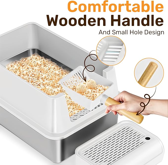 XL Stainless Steel Cat Litter Box with Enclosure and Pooper Scooper - Durable Black Metal Litter Box for Big Cats, High Sides for Anti-Leakage, Never Absorbs Odors, Non-Sticky - (60x40cm) (White)