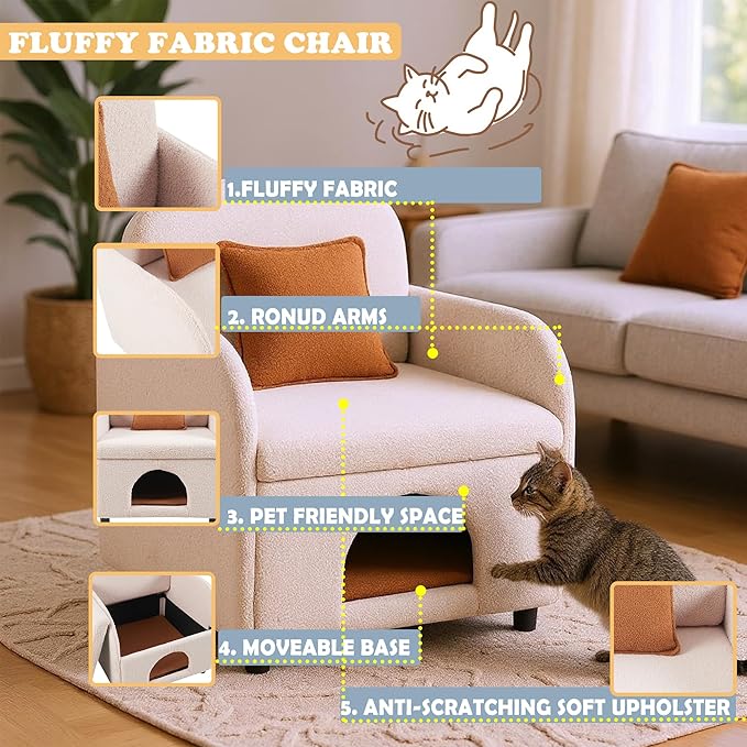 Merax 2 in 1 Pet Friendly Sherpa Upholstered Sofa Chair, Leisure Armchair, Fluffy Fabric with Lumbar Pillow for Living Room Bedroom Home and Office, Cream White