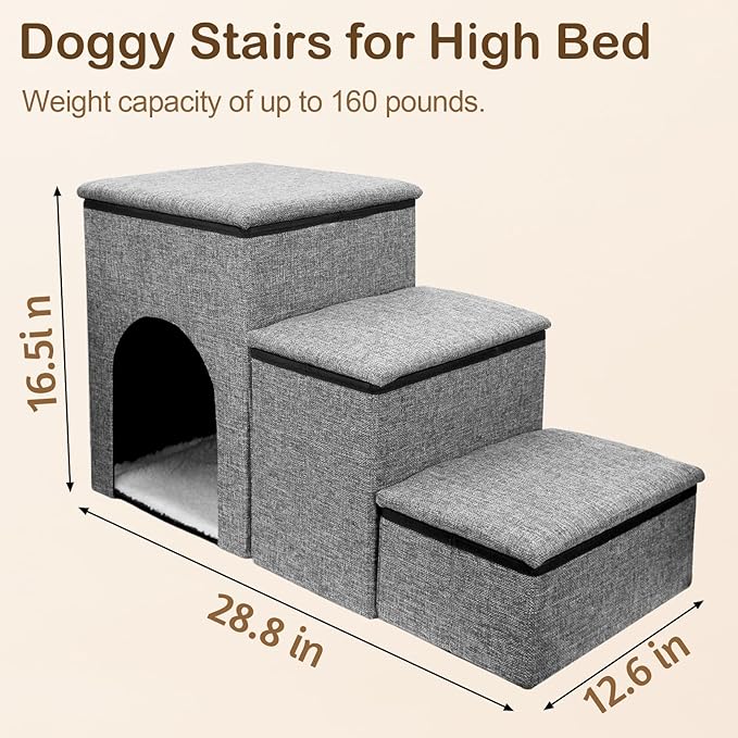 Fhiny Dog Stairs with Storage, 3-Steps Foldable Pet Stairs for Small Dogs Non-Slip Puppy Steps with Condo for High Bed & Couch Dog Ramp for Old Dogs and Cats, Holding up to 160 lbs Pets (Grey)