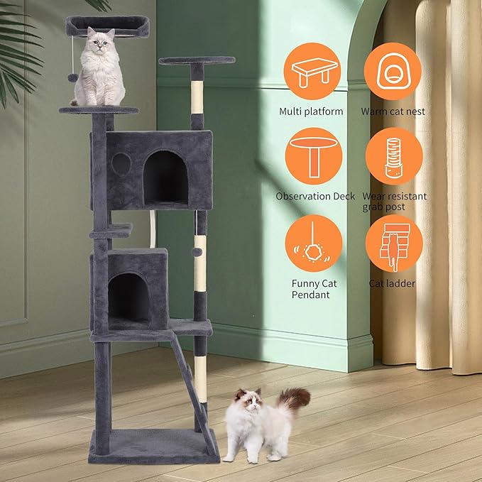 BestPet 81in Cat Tree Tower for Indoor Cats,Multi-Level Cat Furniture Activity Center with Cat Scratching Posts Stand House Cat Condo with Funny Toys for Kittens Pet Play House,Dark Gray