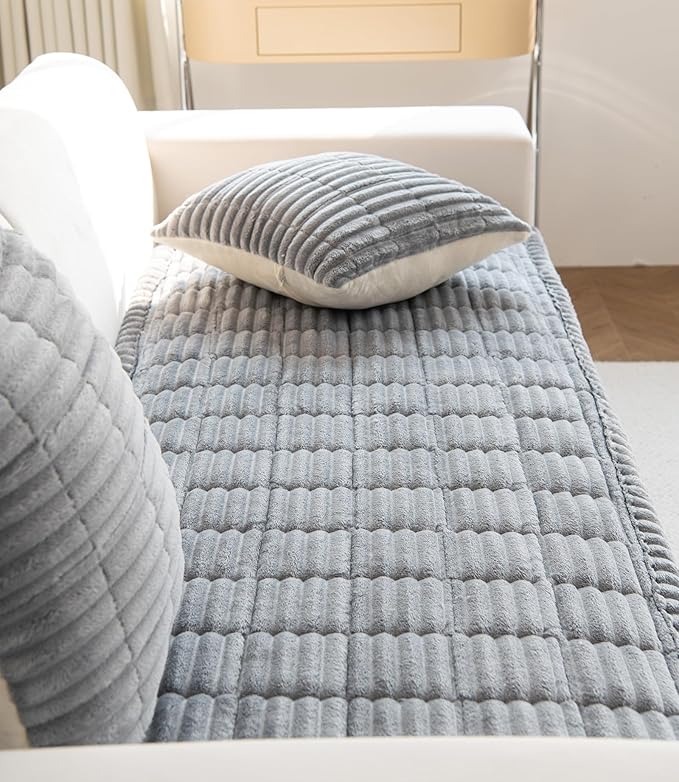 Faux Fur Plush Dog Couch Cover 3D Stripe Fuzzy Sofa Cover Non-Slip Fluffy Dog Bed Cover Pet Blanket Sofa Couch Furniture Protector for Puppy Large Dog Cat (Light Grey,28"x28")