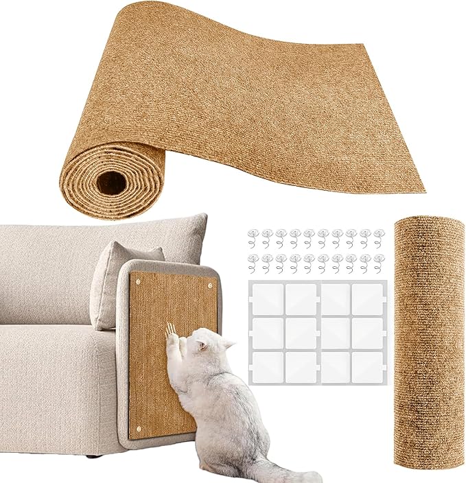 Cat Scratch Couch Furniture Protector, Adhesive Cat Scratch Pad Deterrent for Furniture, DIY Climbing Scratcher for Indoor Cats (Khaki, 78.7x15.8 in)