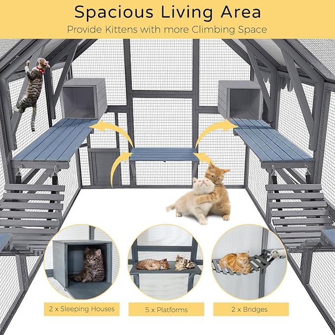 Catio Outdoor Cat Enclosure House Large for Multiple Cats, Wooden Cat Condo Cage for Outside with Waterproof Roof, Playpen, Resting Box, Platform, Bridges, Doors, 111”x74”x74”, Gray