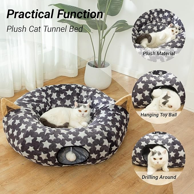 LUCKITTY Large Cat Tunnel Bed with Plush Cover,Fluffy Toy Balls, Small Cushion and Flexible Design- 10 inch Diameter, 3 ft Length- Great for Cats, and Small Dogs, Gray Star Pattern