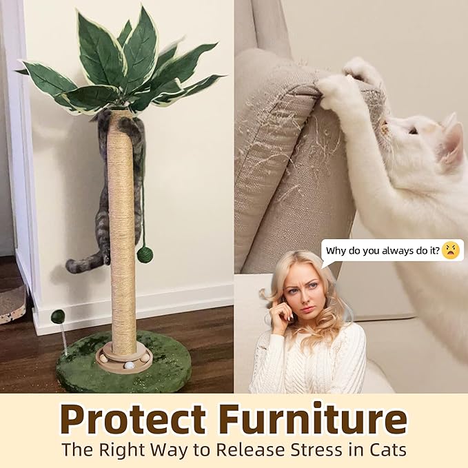 Fantasreen Cat Scratching Post 33'' Cat Scratcher Tall Scratching Posts for Indoor Cats with Cat Toy and Interactive Ball Self Groomer for Kittens Adults Cats