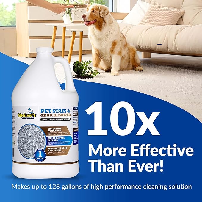 Sheiner's Pet Stain Remover & Pet Odor Eliminator, Advanced Cleaning Bio-Enzyme Cleaner Solution for Carpets, Rugs, Upholstery & Multi-Surfaces, Safe for Pets & Kids. (128 oz)