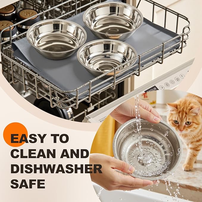 Elevated Cat Food Bowls with Mat Whisker Friendly, 15°Tilted Raised 3 Stainless Steel Cat Water Dishes Set for Anti Vomit, Black Pet Holder Stand Feeding Station for Indoor Kitten and Puppy