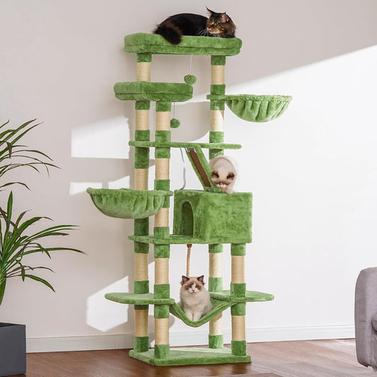 Heybly Cat Tree, 68 inch Multi-Level Cat Tower for Indoor Cats, 2 Widened Plush Perches Cat Condo with Scratching Board and Big Caves, Green HCT025GR