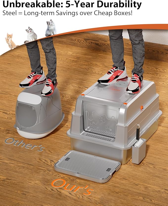 CATLIKE® 2025 Upgrade 152L XXXL Stainless Steel Cat Litter Box - 3-Layer Urine Leak-Proof, Enclosed Design w/Charcoal Filter for Maine Coon & Multi-Cat Homes, Includes Metal Scoop & Mat