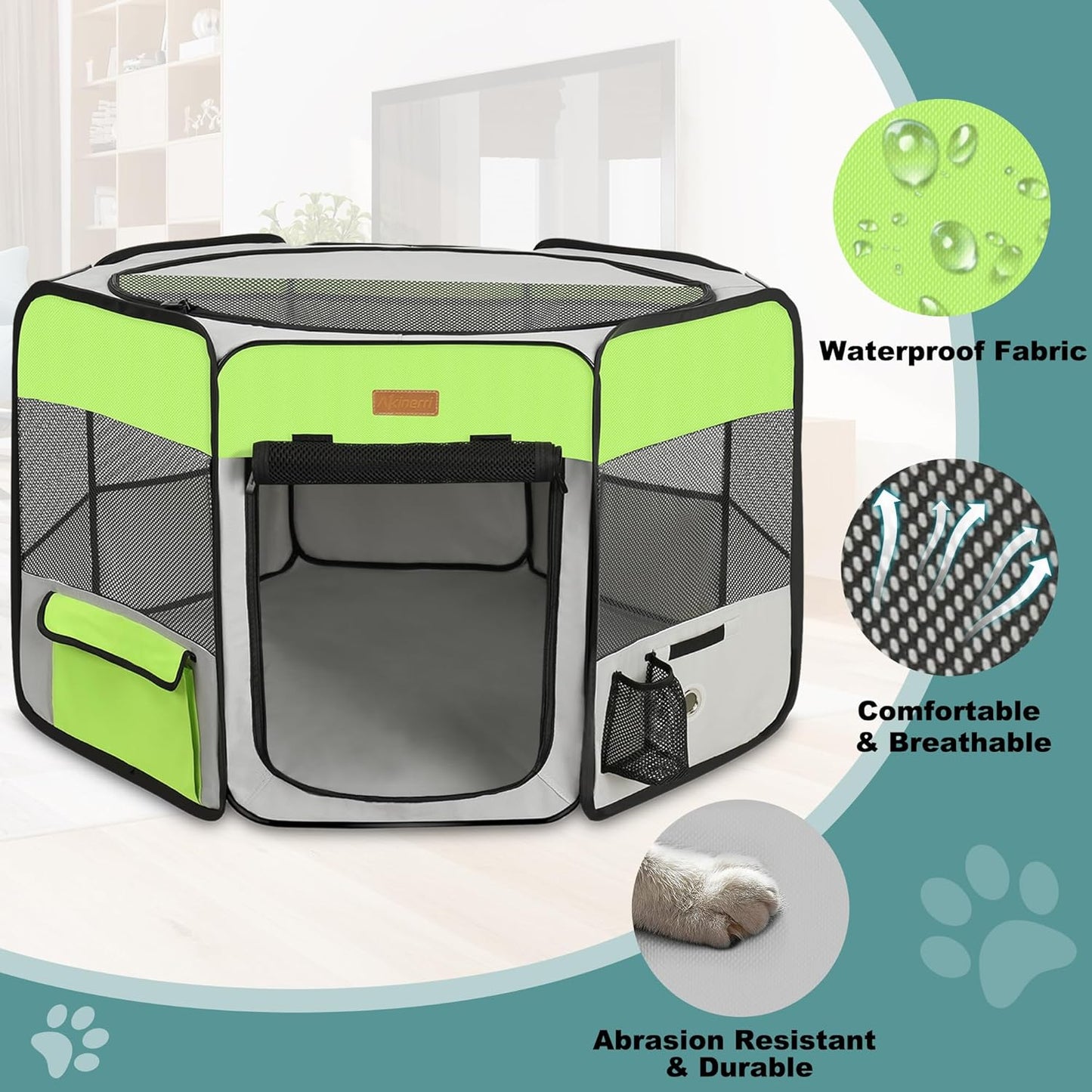Dog Playpen, Portable Pet Play Pen for Cat, Puppies, Rabbits, Chickens, Foldable Large-Capacity Pet Tent for Indoor/Outdoor Travel Camping Green