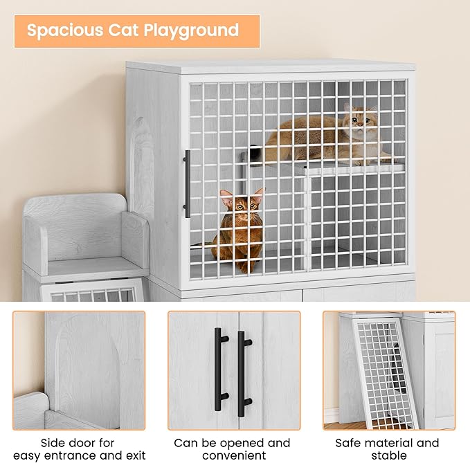 Cat Litter Box Furniture, Modern Cat Cabinet with Side Door, Double Layer Hidden Litter Box Enclosure & Pet House, Villa Style Cabinet with Side Door and Ladder for Indoor Cats