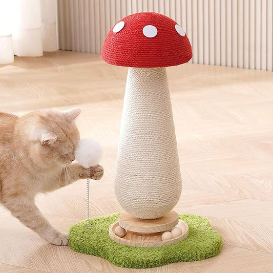21.5‘’ H Cat Scratching Post with Catnip,Cute Mushroom Cat Scratcher Post with Durable Solid Wood Turntable Toy,Mushroom Shape Design Cat Toy Cat Sisal Scratcher for Indoor Cats (Cloud Base)