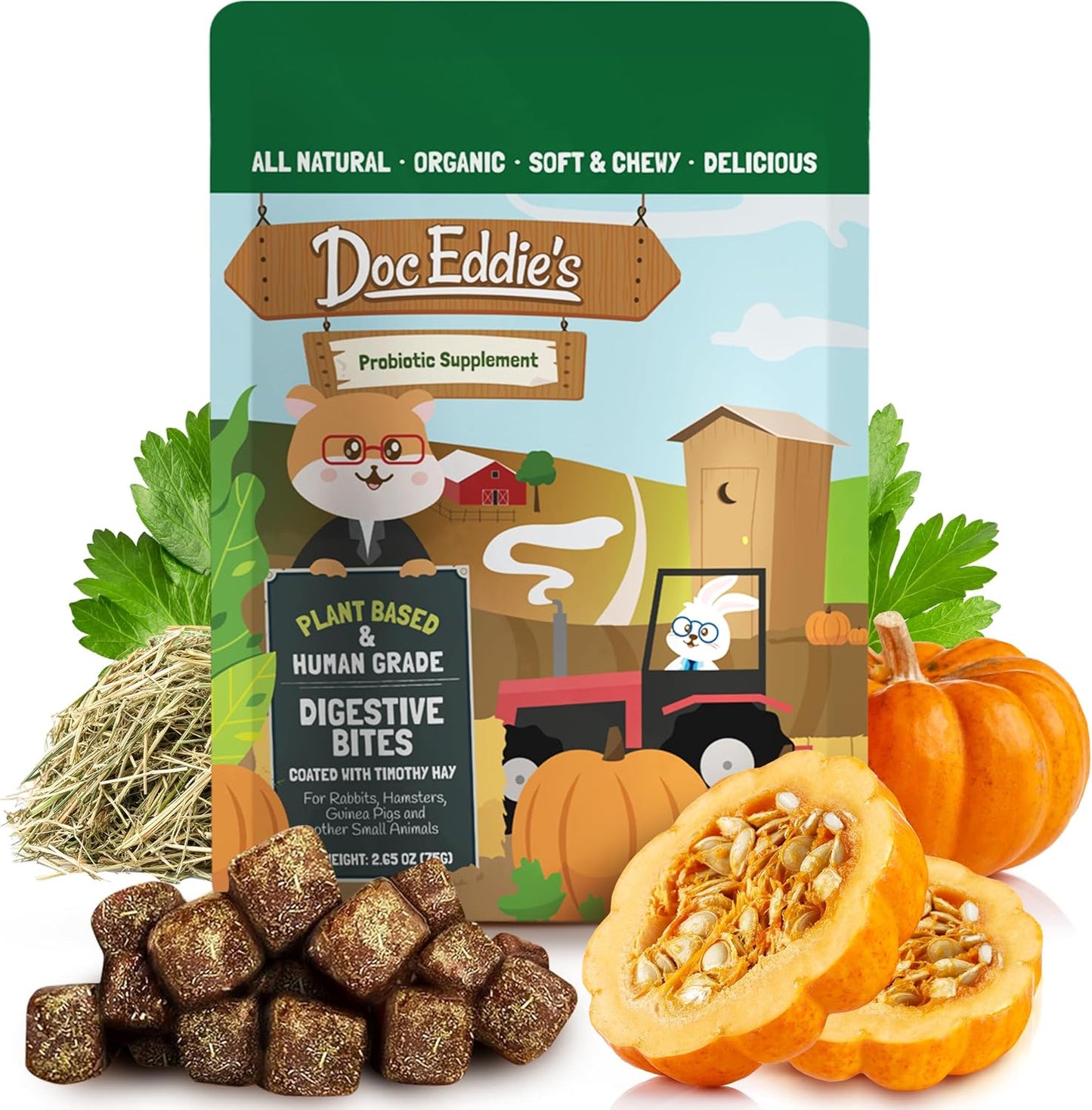 DOC EDDIE'S Digestive Bites - Plant-Based Small Animal Treats for Rabbits, Guinea Pigs, Hamsters, Gerbils, and More - Probiotics Supplement Made with Timothy Hay, Real Fruits, and Veggies