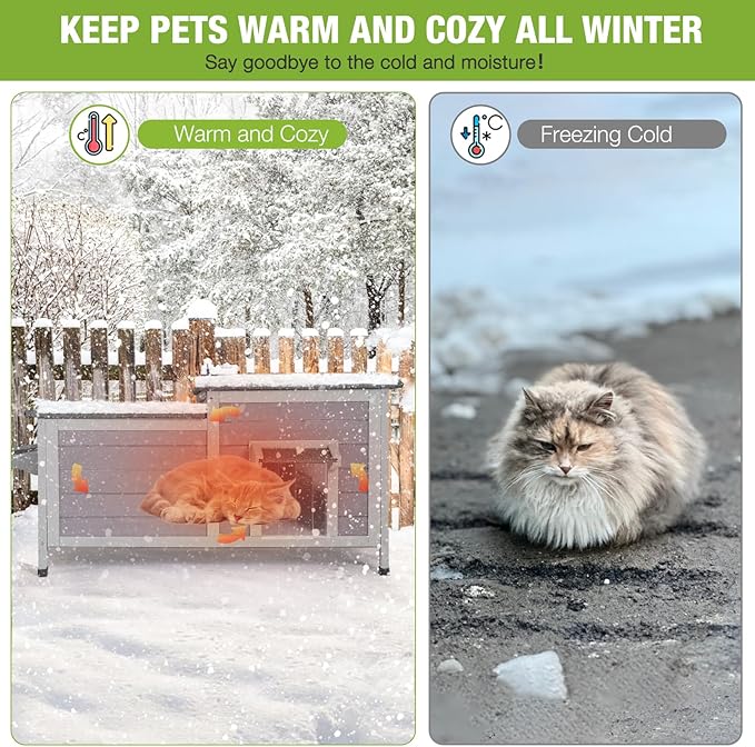 GUTINNEEN Large Outdoor Cat House Insulated, Weatherproof Cat Shelter with Detachable Insulation Liner, Wooden Elevated Kitty Condo for Stray Cats, 39.1" L x 18.5" W x 19.1" H (Grey)