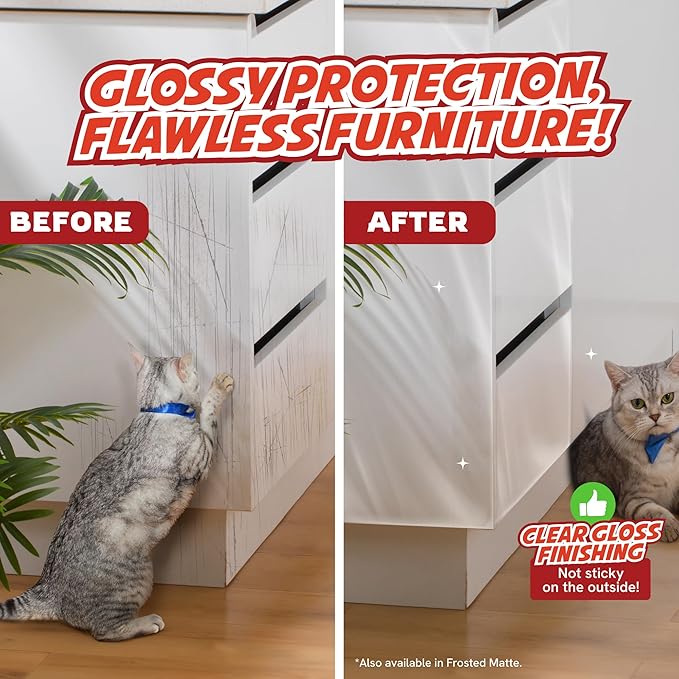 Panther Armor Anti Cat Scratch Furniture Protector Tapes, 2X Rolls, Furniture Scratch Guards for Cats, No Scratch Single Side Sticky Tape, 4in x 10ft, Transparent Gloss Protection