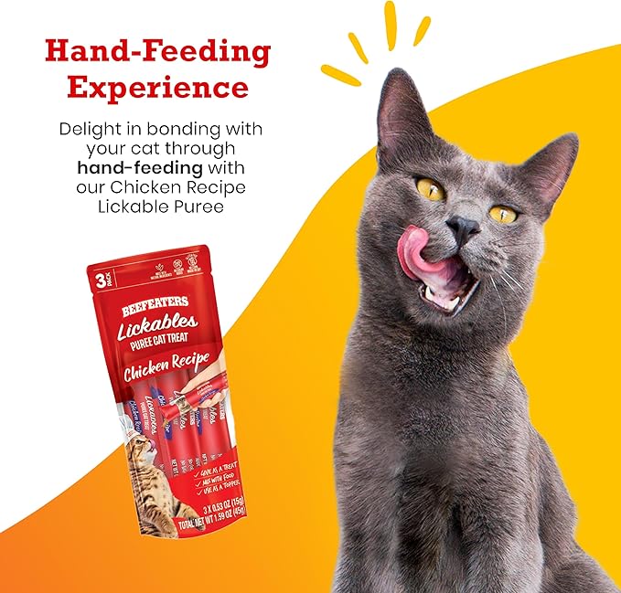 Beefeaters Cat Treats Lickable Puree 1.59oz (12-Pack) – Chicken, Grain-Free, Taurine-Enriched, Ideal for Training & Interactive Feeding