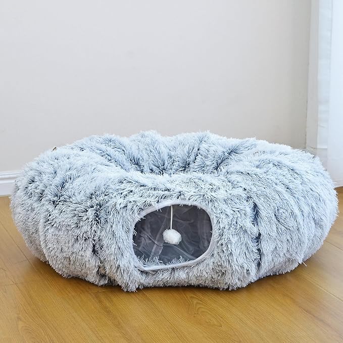 Plush Cat Tunnel Bed for Indoor Cats with Soft Cushion, Multi-Shape Play Cave with Hanging Balls, Large and Foldable Cat Donut Tunnel for Small and Large Pets (Grey)