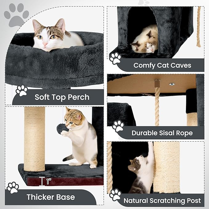 58.5inch Large Cat Tree Tower Condo for Indoor Cats, Soft Plush Multi-Level Climbing Tree Cat House with 1 360° Rotating Cat Cave, Scratching Post, More Entrance/Exit, Sisal Rope, Grey Black