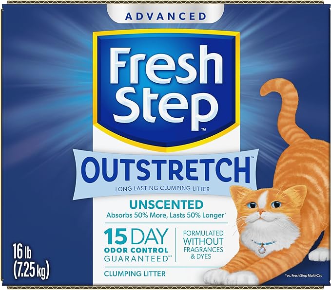 Fresh Step Outstretch Advanced Long Lasting Clumping Litter Simply Unscented, Activated Charcoal Litter Lasts 50% Longer, 32 lbs. (2 x 16 lb. Box)