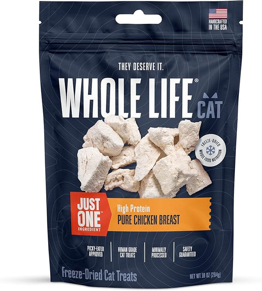 Whole Life Cat Just One Chicken Freeze Dried Cat Treats - Human Grade High Protein Food, Healthy Training Snacks, Freeze Dried Chicken Food Toppers, USA Made Natural Treats - 10 oz (Pack of 1)