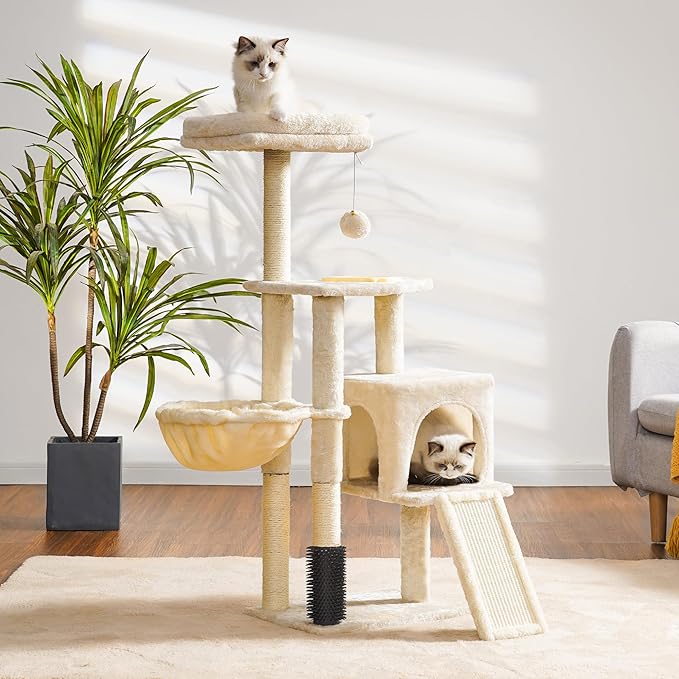 Heybly Cat Tree with Cat Self Groomer Brush, Cat Tower Condo for Indoor Cats with Padded Plush Perch, Cat House with Basket Scratching Board Post, Beige HCT005SM
