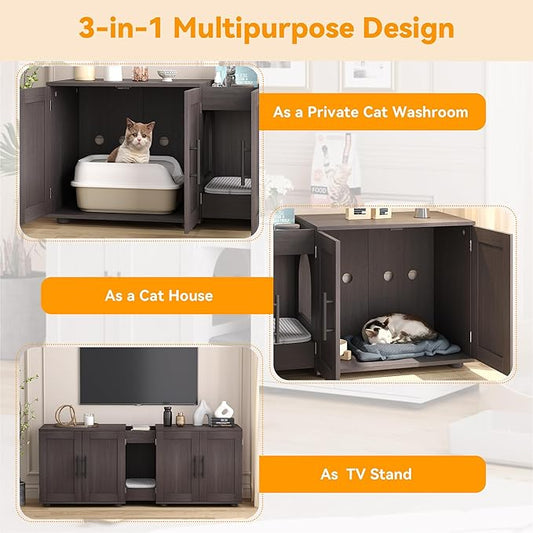 Double Litter Box Enclosure, Litter Box Enclosure with Double Room,Cat Hidden Litter Box Enclosure Furniture for 2 Cats with Double Room, 55”L x 17.7”W x 22.5”H Cat House, Wooden Cat Litter Box