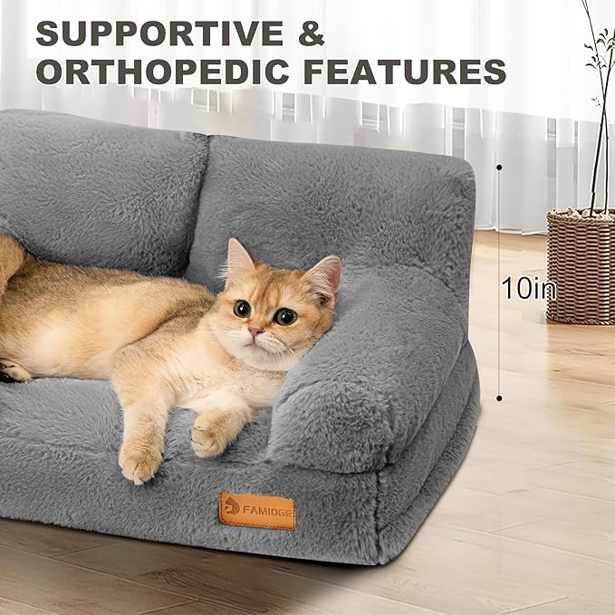Cat Couch Bed - Cat Bed for Indoor Cats, Calming Pet Sofa Puppy Sleeping Bed with Removable Washable Cover, Cute Dog Couch and Kitty Lounge Chair for 12lbs Cats & Small Dogs(Light Grey)