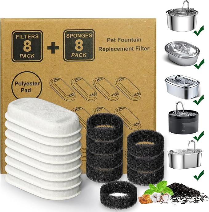 Cat Water Fountain Filter,16 Pack Cat Fountain Replacement Filters for Stainless Steel 67oz/2L Adjustable Water Flow Pet Water Fountain,Dog Water Fountain (8+8 Pack)