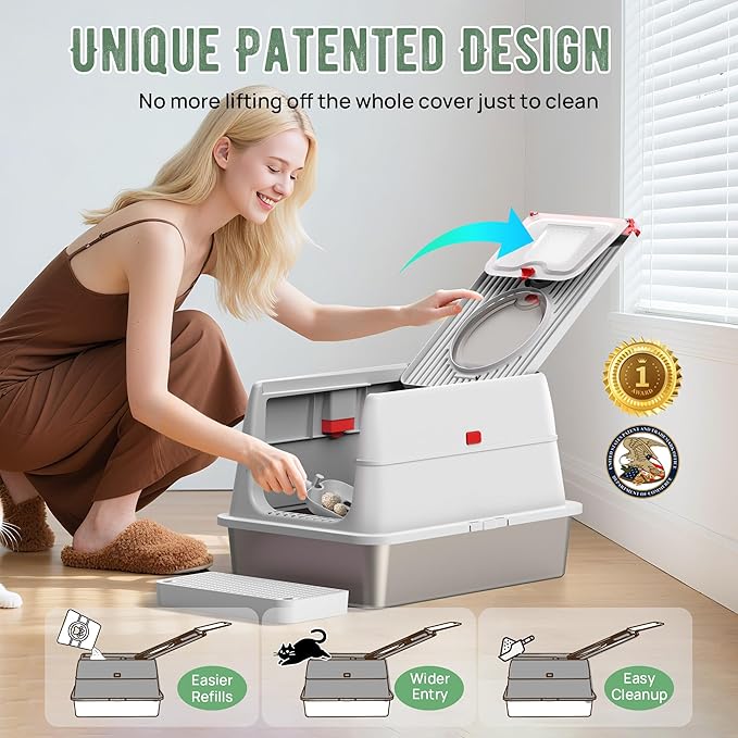 Stainless Steel Litter Box: Enclosed Cat Litter Box with Flip Lid Self Cleaning and High Sided Top Entry Design, XL Extra Large Metal Kitty Litter Pan Tray for Big Cats, Built-in Carbon Filter Pouch