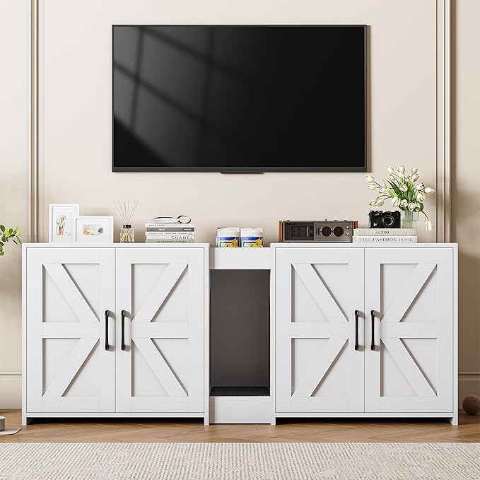 Cat Litter Box Enclosure Furniture - Hidden Litter Box Double Cabinet with Scratch Pad & Cats Bed | Farmhouse Style End Table for Cats | Discreet Cat Washroom for Living Room & Bedroom White