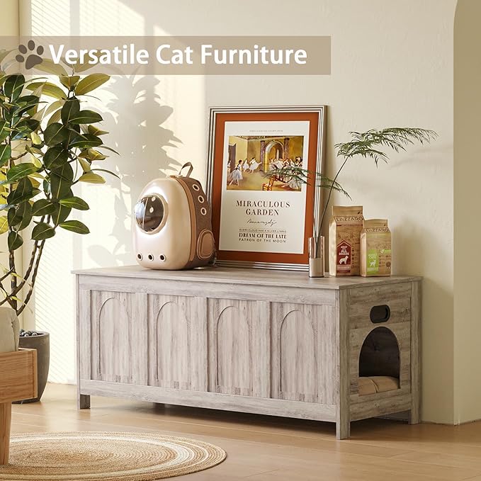 DINZI LVJ Cat Litter Box Enclosure, Flip Top Litter Box Furniture, Hidden Cat Washroom, 2-Entrances Wooden Pet House, 47.2" L x 18.7" W x 19.7" H, End Side Table, TV Stand, Easy to Assemble, Greige