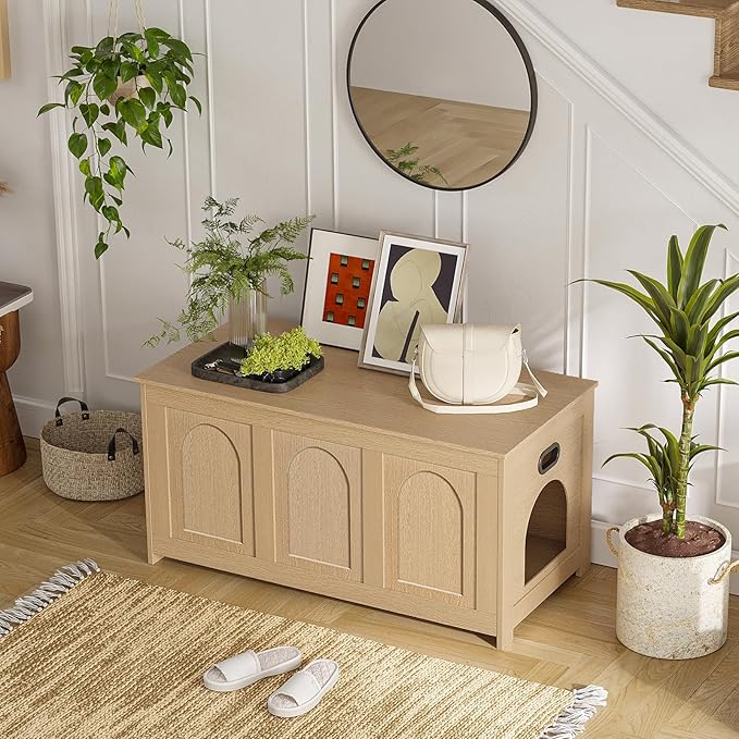 DINZI LVJ Cat Litter Box Enclosure, Flip Top Litter Box Furniture, Farmhouse Hidden Cat Washroom, Wooden Pet House, End Side Table, 39.4" L x 19.7" W x 19.7" H, Sturdy and Easy to Assemble, Natural