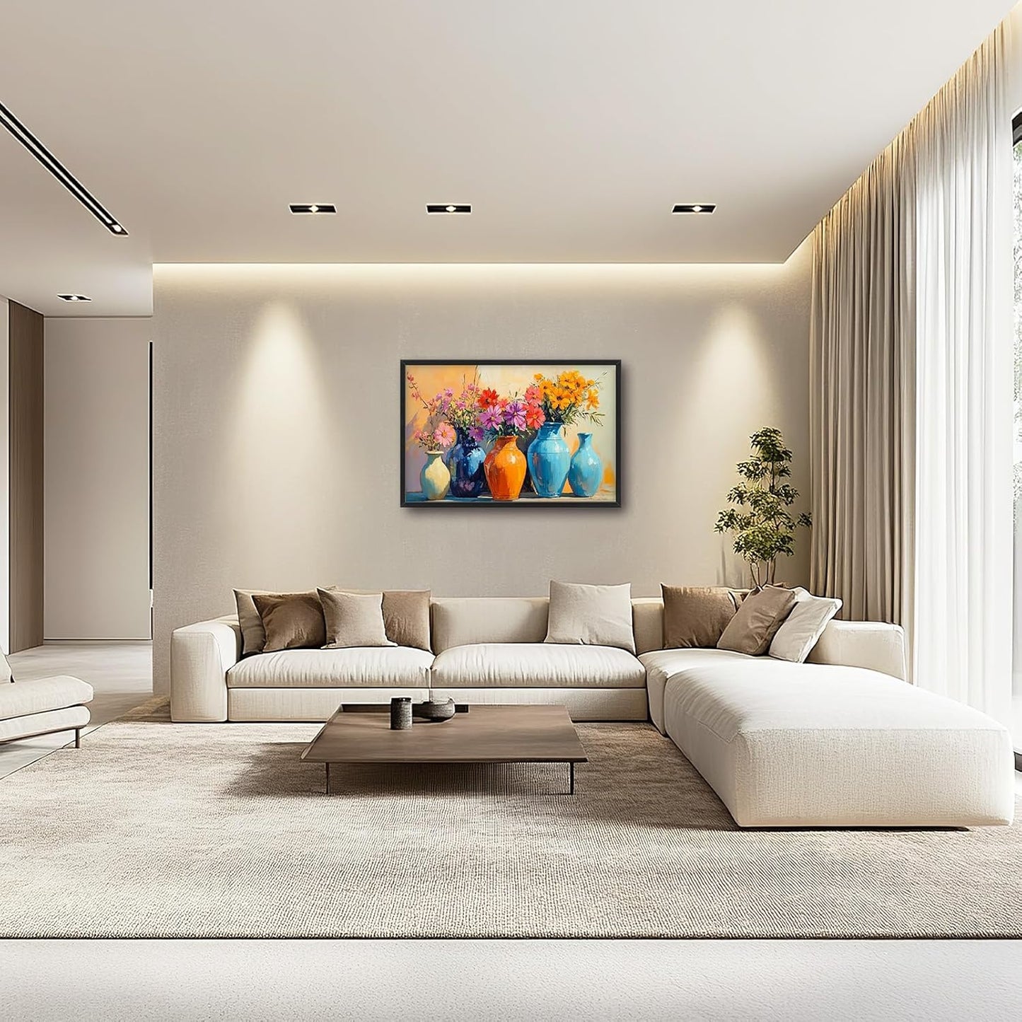 Large Colorful Floral Wall Art for Living Room, Framed Oversized Asian Flower Vase Decor Canvas Painting Sunlight Pictures Modern Artwork for Bathroom Bedroom Office Dining Room 36"x24"