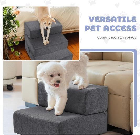 Foldable 18 Inch Wide 3 Step Wide Dog Stairs for Large Dogs, 18 Inch Height Foam Dog Steps for Bed & Couch, Linen Covered Pet Stairs for Dogs to Get on Bed, Outdoor Foam Pet Steps for for Cars & SUV