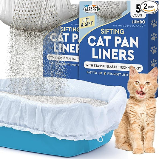 Alfapet Sifting Cat Litter Box Liners - Jumbo 10 Count, Tear-Resistant Cat Litter Bags, Waterproof Kitty Litter Liners, Fits Litterbox Pan Sizes X-Large, X-Giant, 37" x 18" 30 lb Capacity
