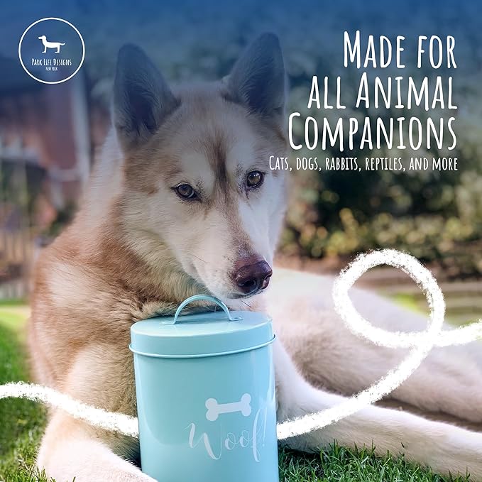 Park Life Designs - Metal Pet Treat Jar with Airtight Lid for Dogs, Cats, Puppies and More, Chic Kitchen Countertop Container for Cookies, Biscuits and Treats (Jasper, Powder Blue, 1.4 Qt)