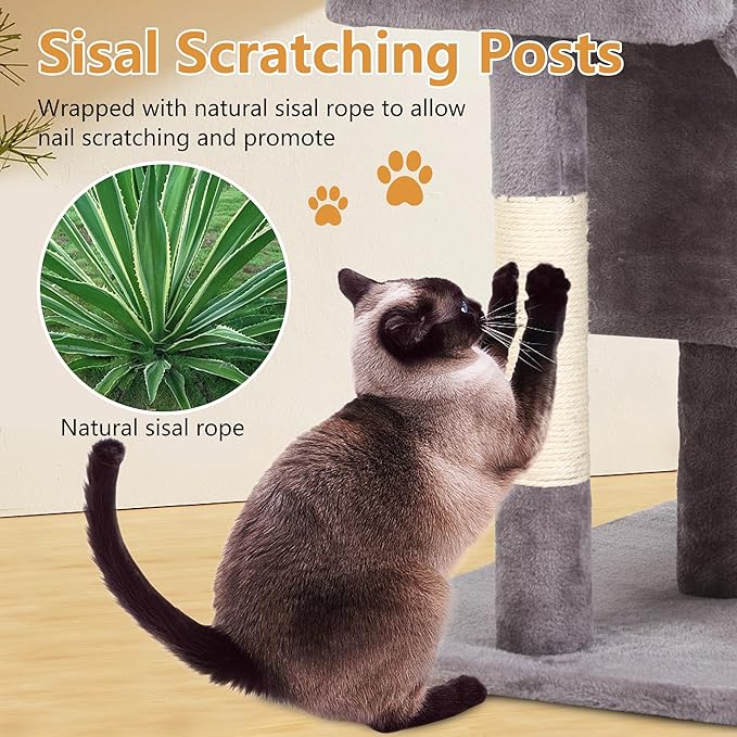 FDW Cat Tree for Indoor Cats 36 Inches Cat Tower Multi-Level Indoor Cat Play Condo House with Scratching Posts, Spacious Perch, Sisal Posts and Dangling Toys (Ashy)