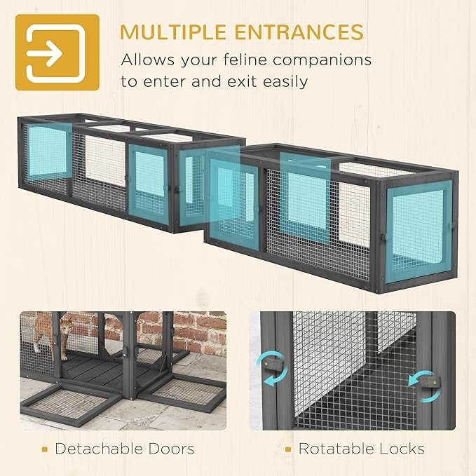 PawHut Cat Tunnel Outdoor, Wooden Cat Tube with Combinable Design, 8 Doors, 98" Cat Toys for Kitty, Puppy, Pet, House, Window, Cage, Dark Gray