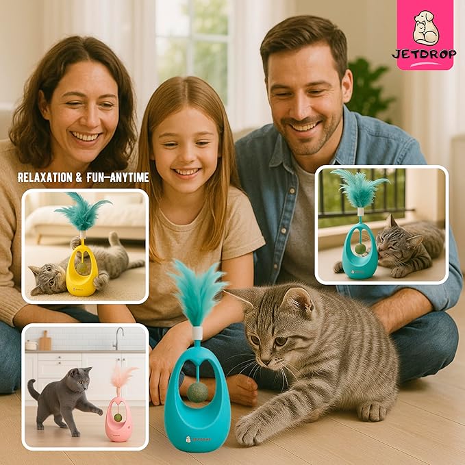 Cat Feather Toy - Interactive Self-Righting Wobble Tumbler with Catnip Ball for Indoor Cat Exercise and Entertainment - Silent Battery-Free - Perfect for Busy Owners (Yellow)
