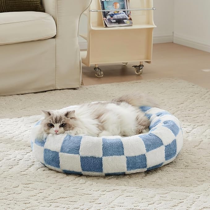 Checkered Cat Dog Bed, Cute Blue Retro Style Aesthetic Round Warming Pet Calming Beds for Small Dog and Cats, Plush Cozy Donut Beds Washable, 23" L x 23" W x 8" Th