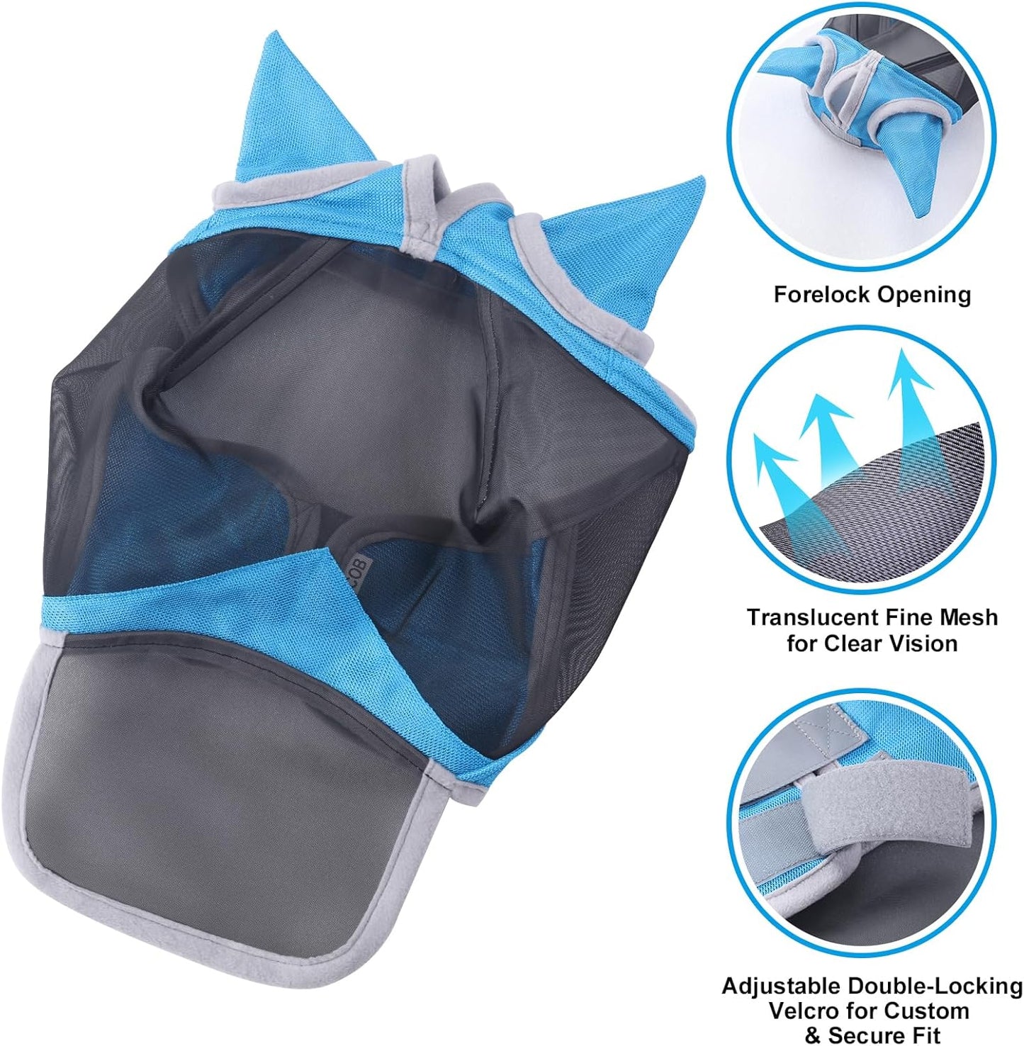 Horse Fly Mask with Ears & Long Nose Cover | Forelock Opening for Tangle-Free Mane Care | UV Protection & Breathable Mesh | No Rub Fit and Enhanced Visbility for Trail Riding Paleblue Full