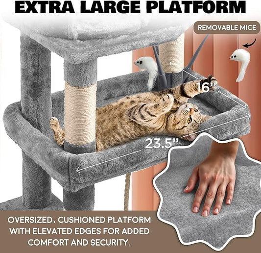 Large Cat Tree Tower for Large Cats, Cat Scratching Post, Self Grooming Post, Interactive Cat Toys, Oversized Perch and Basket, Heavy Duty 72", Light Grey