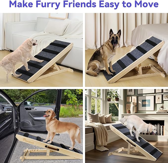 Large Dog Ramp for Bed Couch, Extra Wide Portable Wooden Pet Ramp, 4 Adjustable Height from 11.6'' to 22.4'', Pet Step for Small Medium Dog Cat with Non-Slip Mat, Up to 143lbs, Use for Car Couch Bed