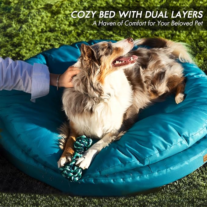 ClevaHome Orthopedic Dog Bed for Large Dogs, Dual Layer Water Repellent Round Pet Bed with Washable Cover Nonslip Bottom（Mosaic Blue）