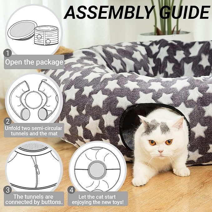 LUCKITTY Large Cat Tunnel Bed with Plush Cover,Fluffy Toy Balls, Small Cushion and Flexible Design- 10 inch Diameter, 3 ft Length- Great for Cats, and Small Dogs, Gray Star Pattern