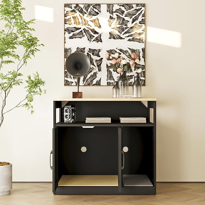 Cat Litter Box Enclosure,2-Tier Hidden Litter Box Furniture with Open Storage Shelf,Wooden Cat Washroom Indoor, Freestanding Cabinet for Living Room,Hallway,Black