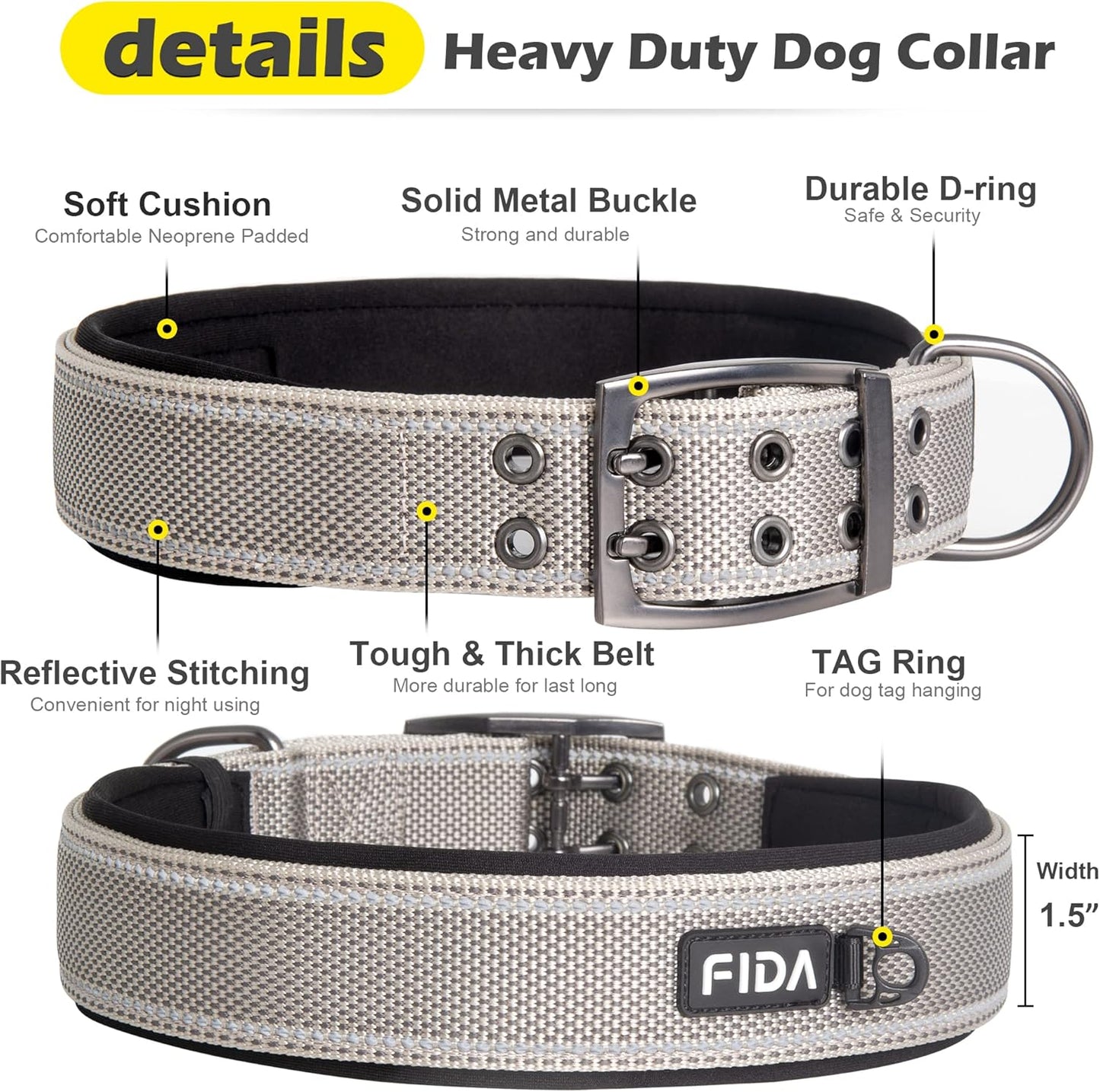Fida Heavy Duty Dog Collar 1.5” Width, Ultra Soft Neoprene Padded, Adjustable Reflective Nylon Pet Collar with Two Metal Pin Belt Buckle for Large/X-Large Breeds (XL, Grey)