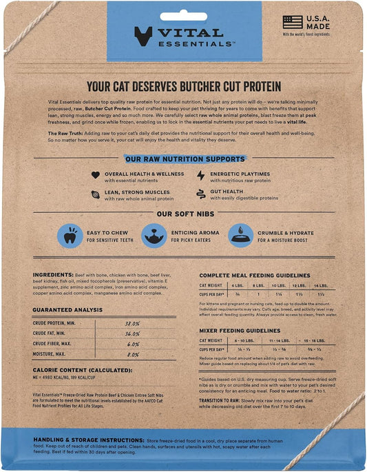 Vital Essentials Freeze-Dried Raw Beef & Chicken Meal or Mixer Cat Food Soft Nibs | 99% Beef, Chicken, Organs & Bone | 12 oz