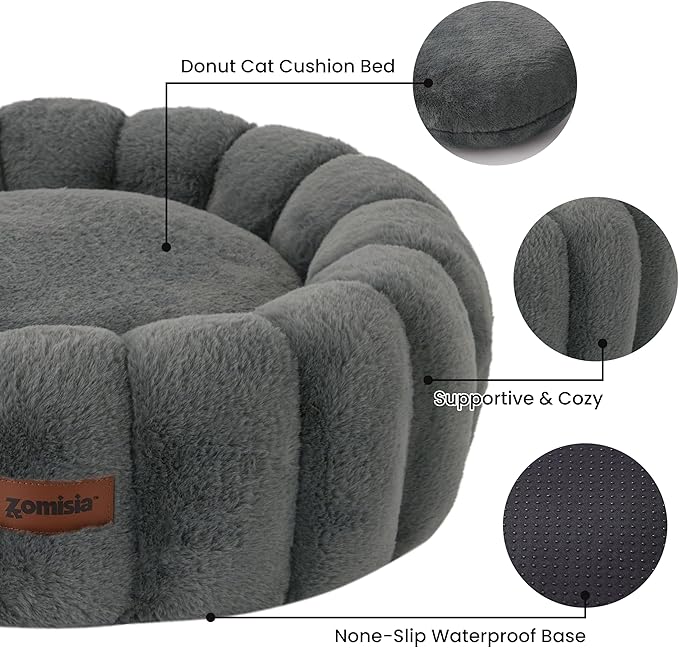 Cute Cat Beds for Indoor Cats, Striped Small Donut Dog Bed for Puppy and Kitten, Anti-Slip Bottom, Grey